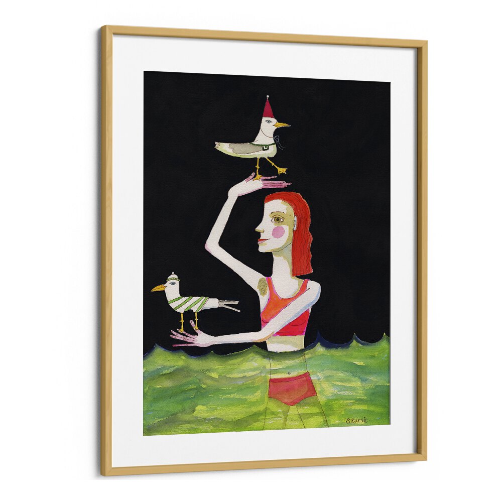 swimming lady with birds women illustration paintings in Oak Wood Frame With Mount