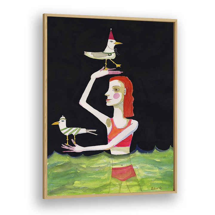 swimming lady with birds women illustration paintings in Oak Wood Plain Frame