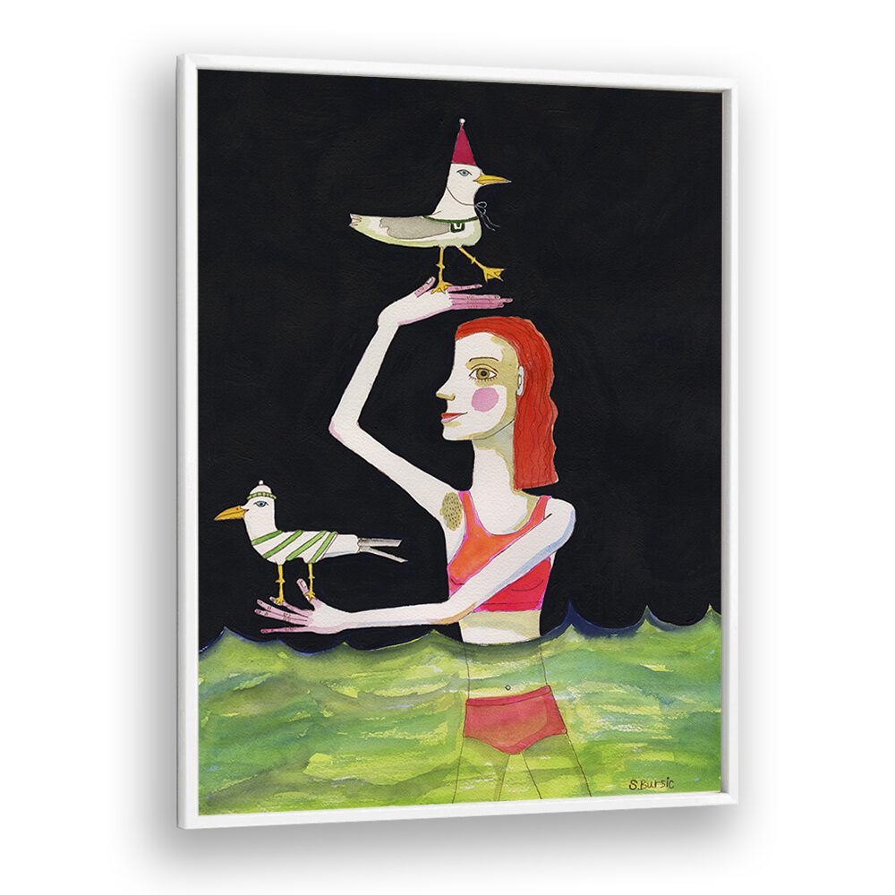 swimming lady with birds women illustration paintings in White Plain Frame