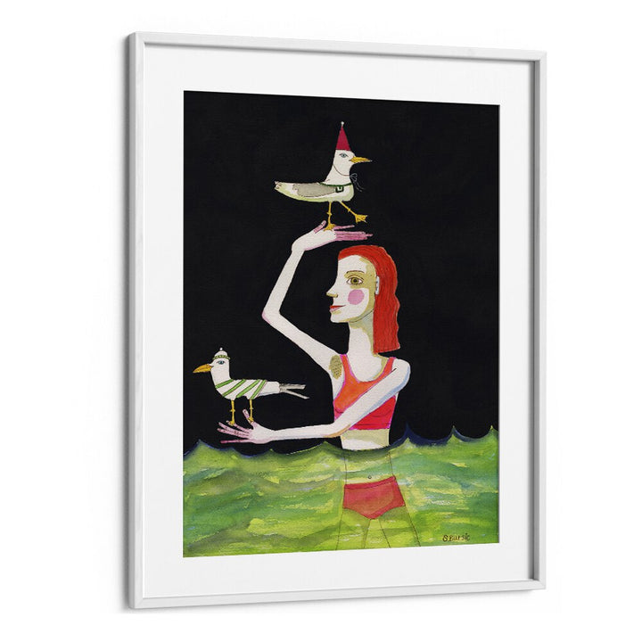 swimming lady with birdswomen illustration paintings in White Frame With Mount