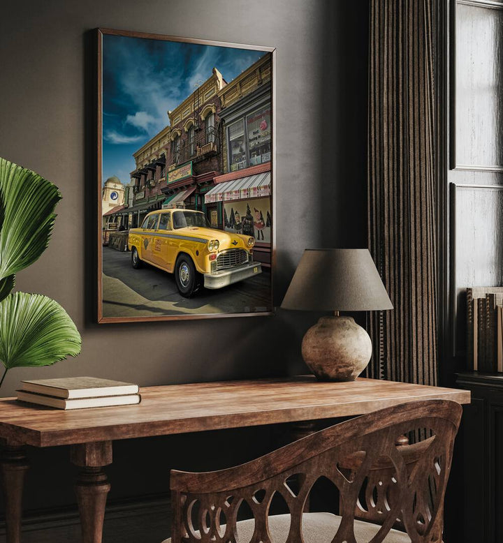 taxi car poster Artwork II above a Console Table