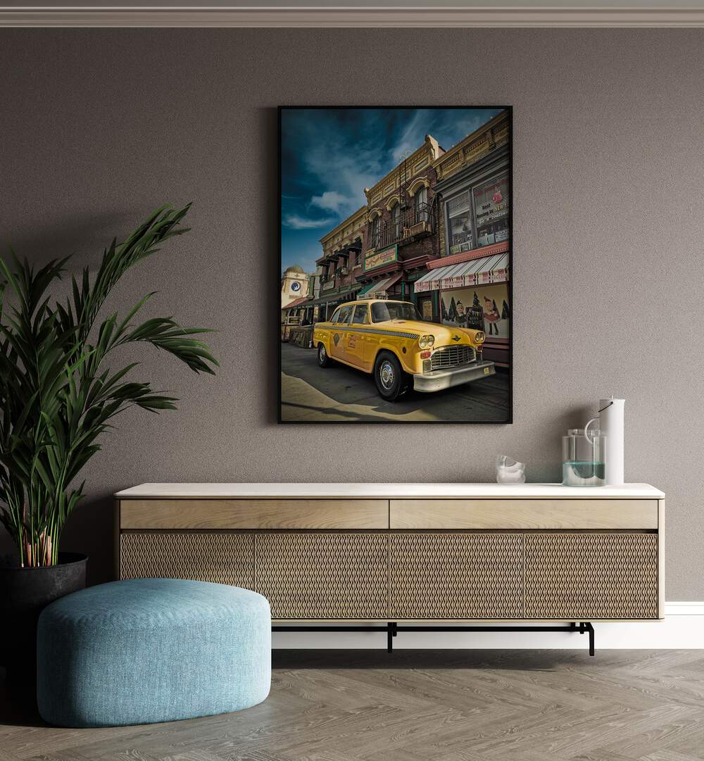 taxi car poster Artwork IV above a Wooden Cabinet