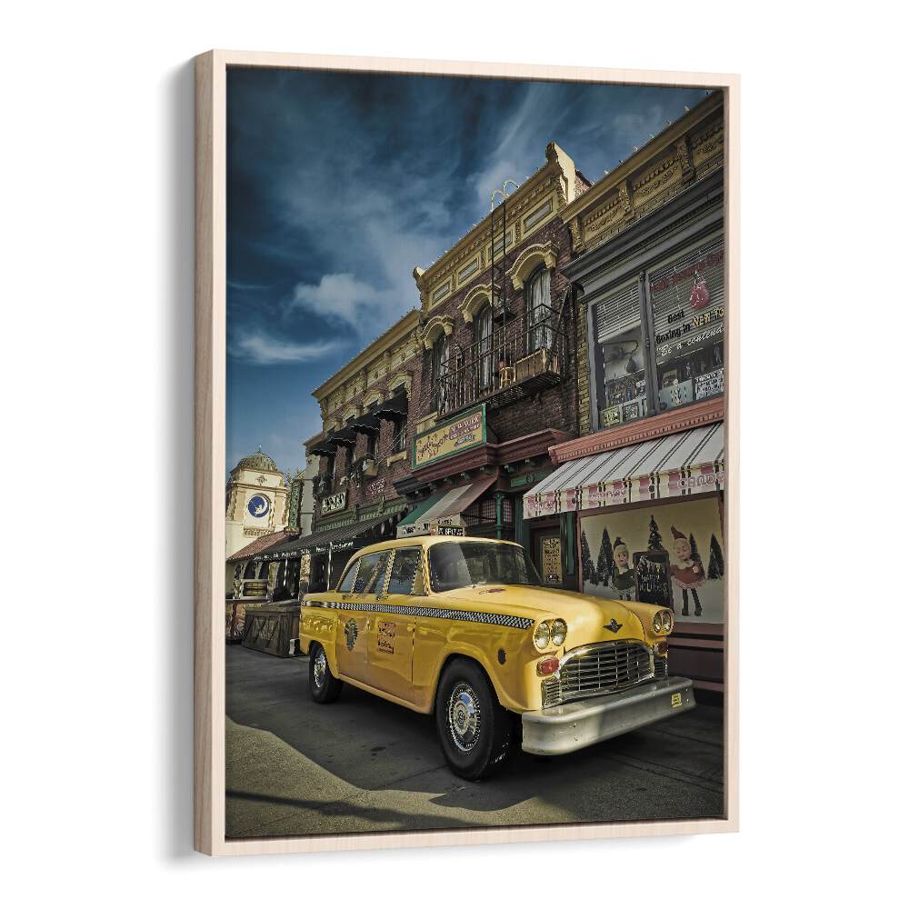 taxi car poster in Oak Wood Floater Frame