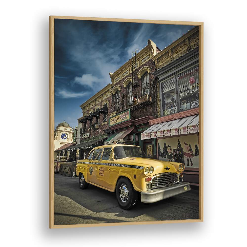 taxi car poster in Oak Wood Plain Frame