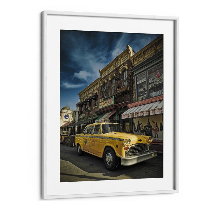 taxi car poster in White Frame With Mount