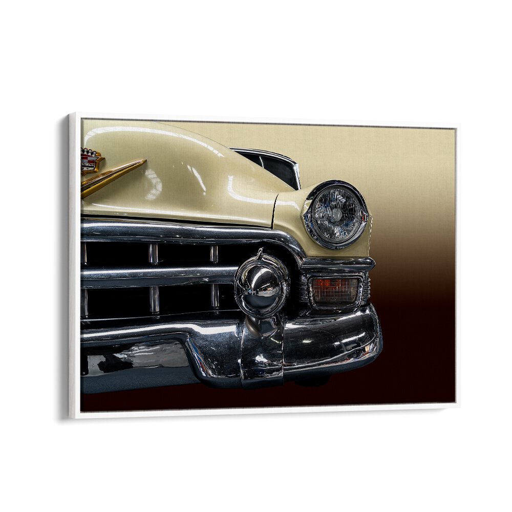 the biege cadillac car poster in White Floater Frame