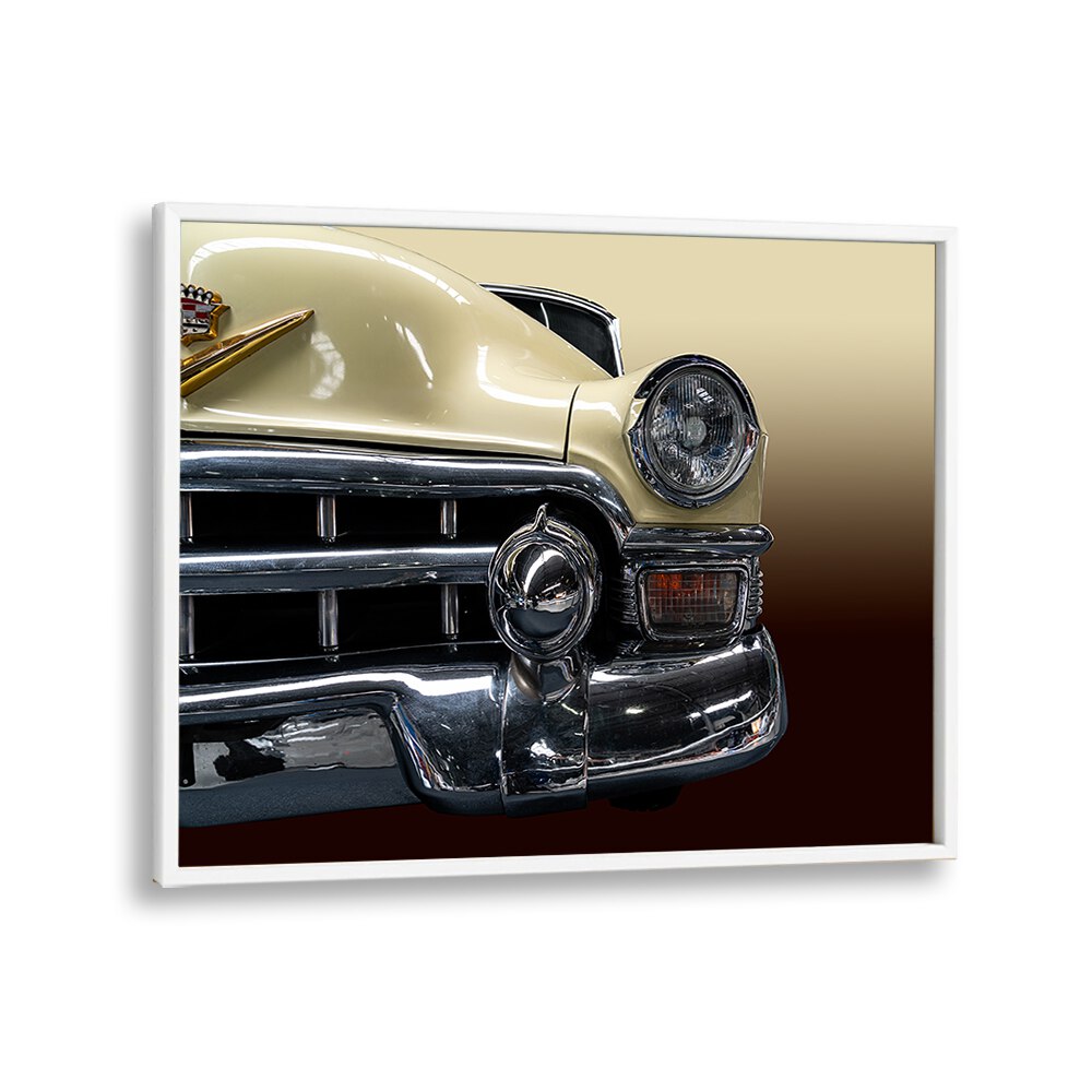 the biege cadillac car poster in White Plain Frame