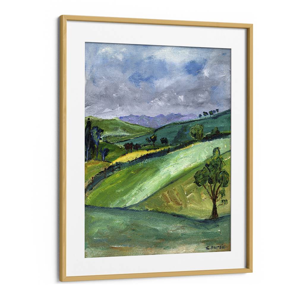 the countryside women illustration paintings in Oak Wood Frame With Mount