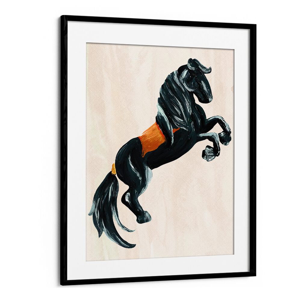 Stunning black horse artwork from THE HORSE, ANIMAL PAINTINGS collection, framed elegantly for your decor.