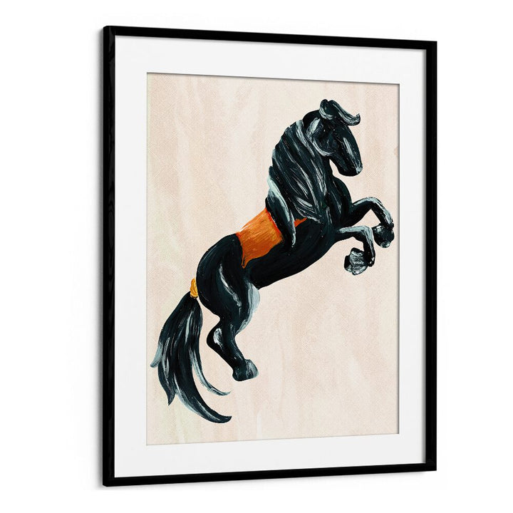 Stunning black horse artwork from THE HORSE, ANIMAL PAINTINGS collection, framed elegantly for your decor.
