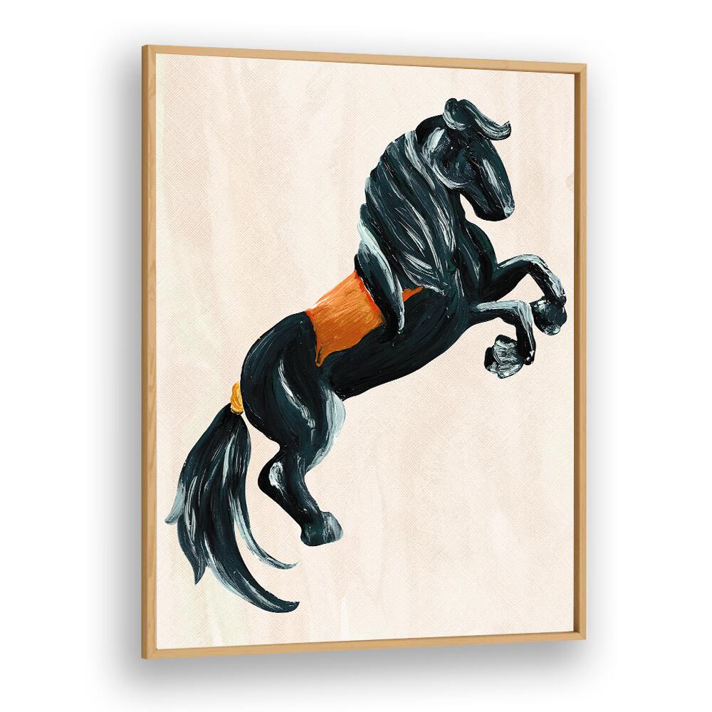 Stunning black horse artwork from THE HORSE, ANIMAL PAINTINGS collection, showcasing elegance in a wood frame.