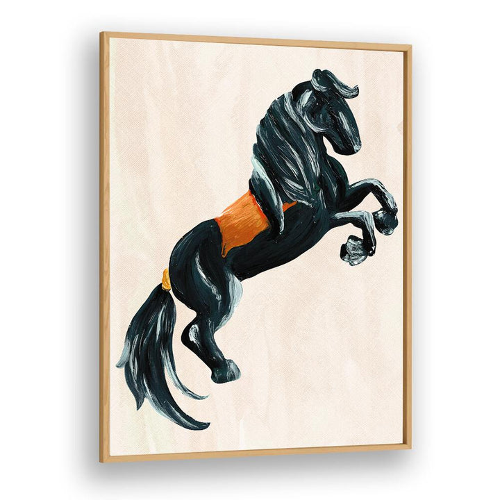 Stunning black horse artwork from THE HORSE, ANIMAL PAINTINGS collection, showcasing elegance in a wood frame.
