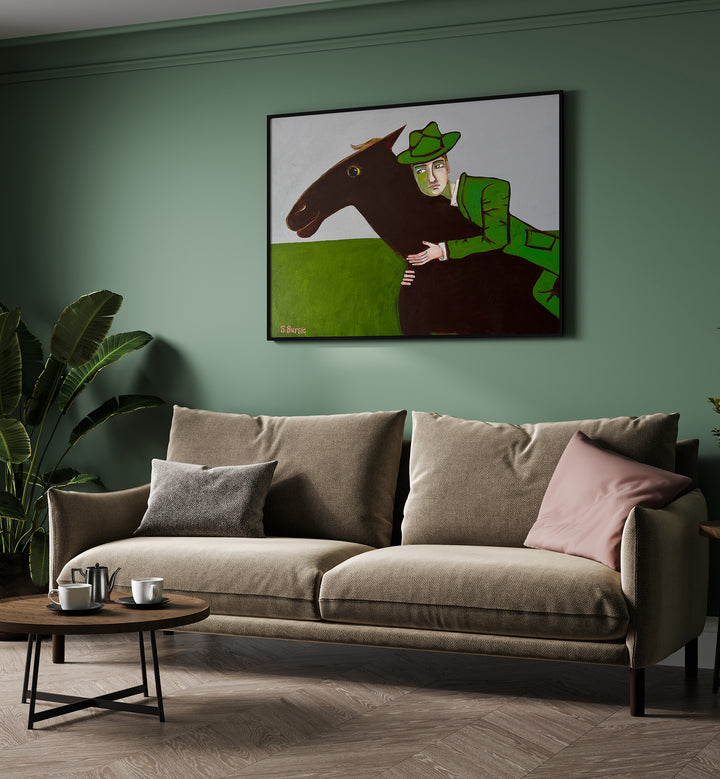 the horse lover women illustration paintings Artwork II placed on a wall