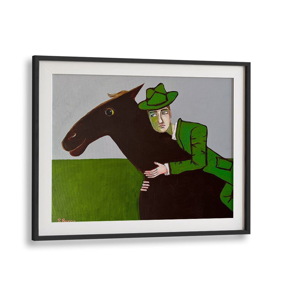 the horse lover women illustration paintings in Black Frame With Mount