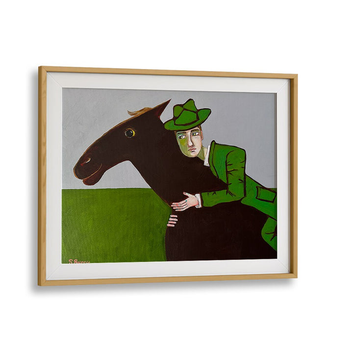 the horse lover women illustration paintings in Oak Wood Frame With Mount