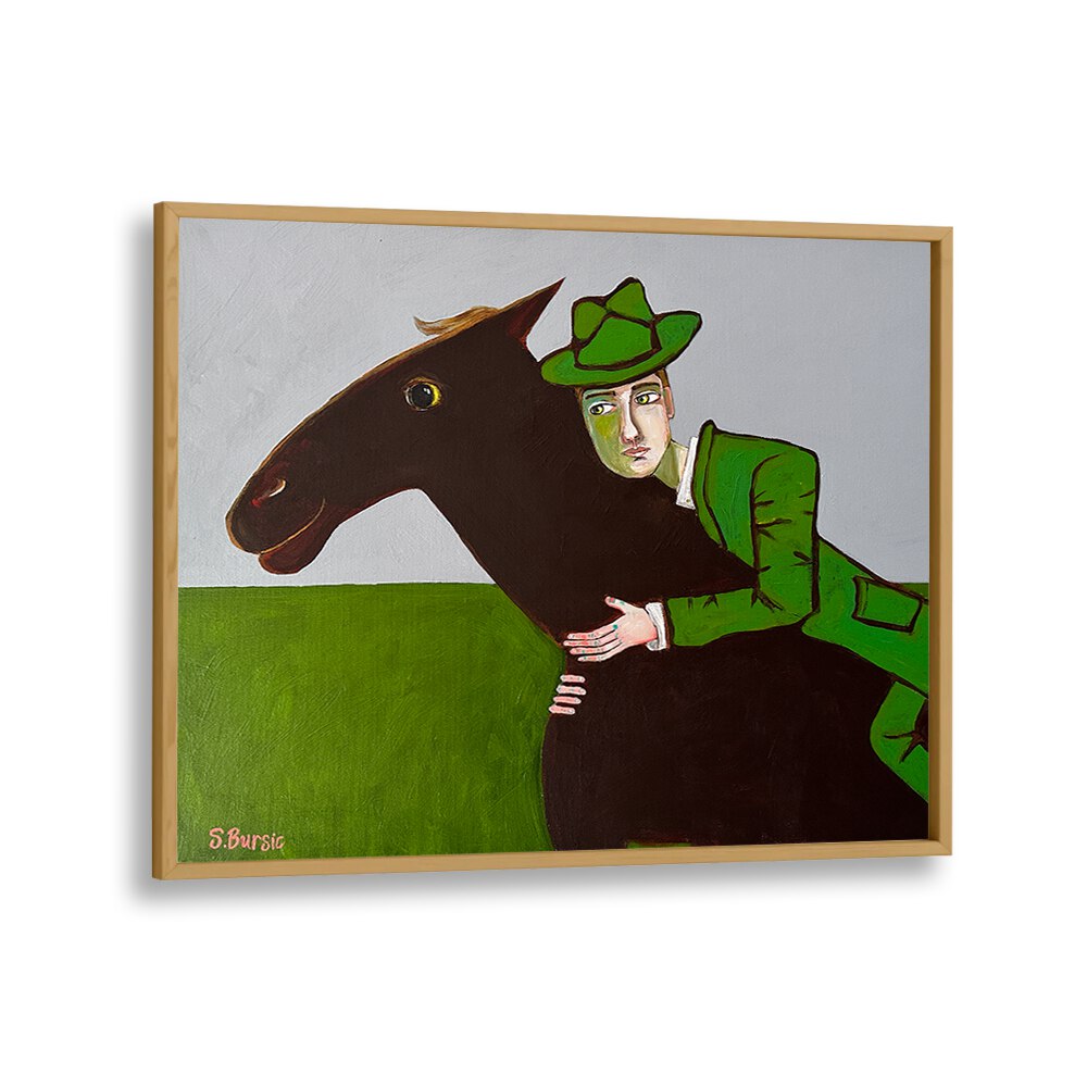 the horse lover women illustration paintings in Oak Wood Plain Frame