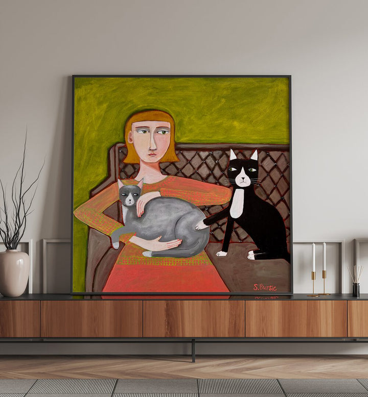 the jealous cat women illustration paintings Artwork I placed on a wall