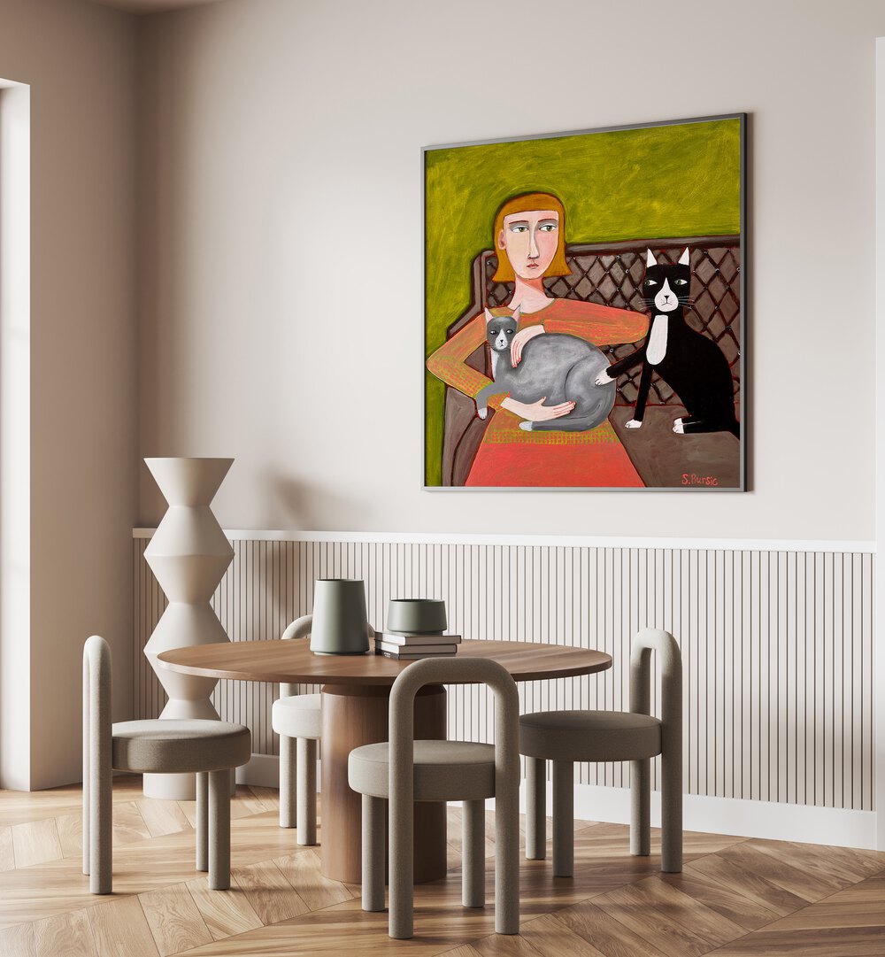 the jealous cat women illustration paintings Artwork II placed on a wall