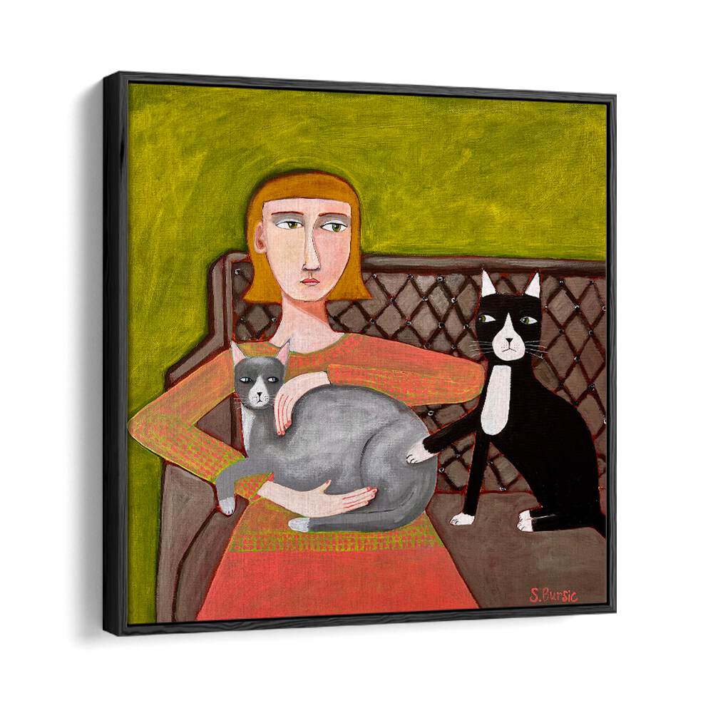 the jealous cat women illustration paintings in Black Floater Frame