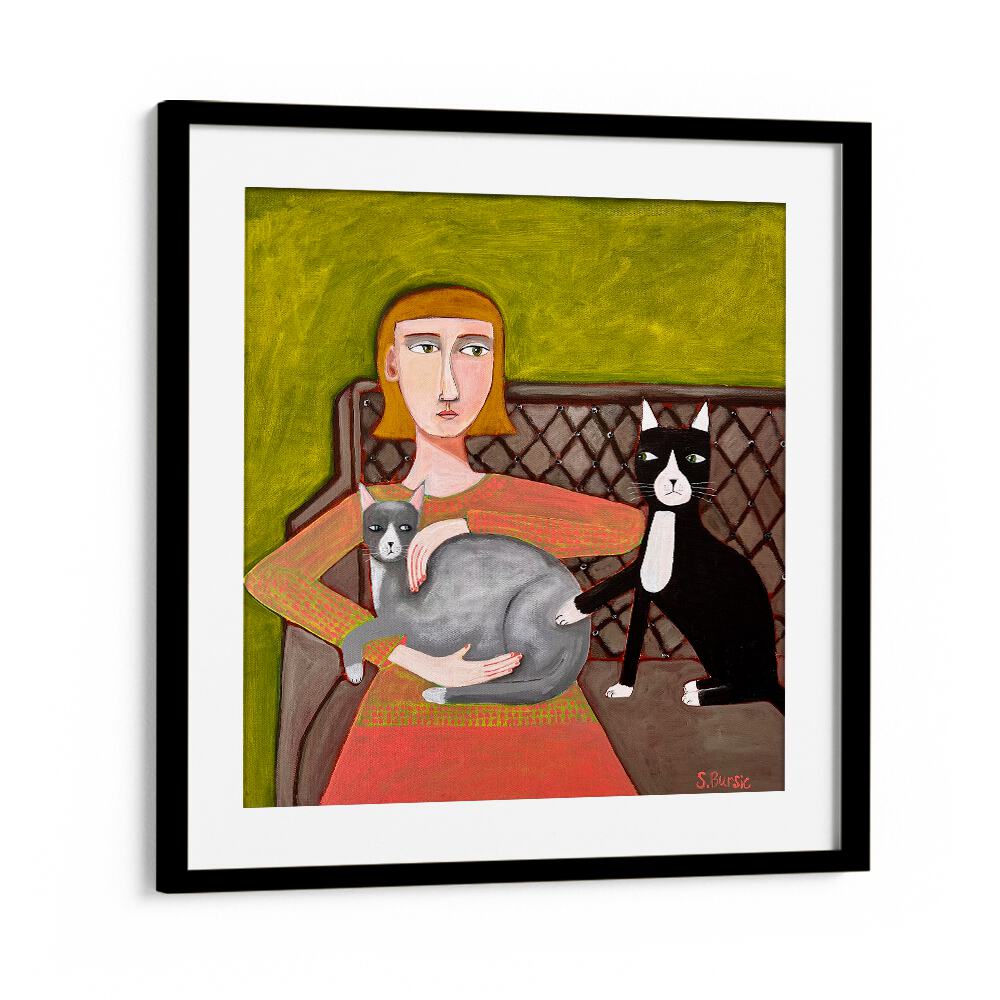 the jealous cat women illustration paintings in Black Frame With Mount