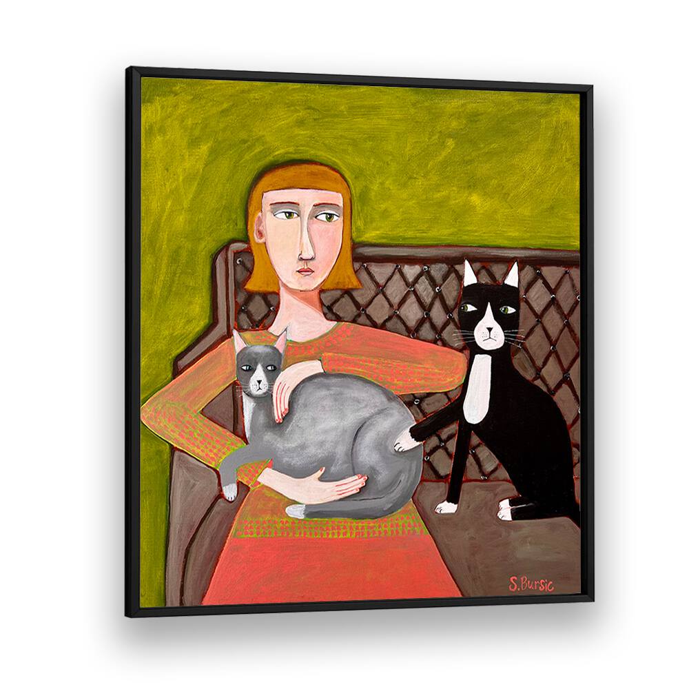 the jealous cat women illustration paintings in Black Plain Frame