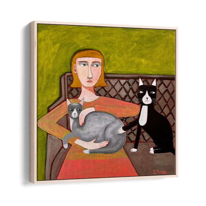 the jealous cat women illustration paintings in Oak Wood Floater Frame