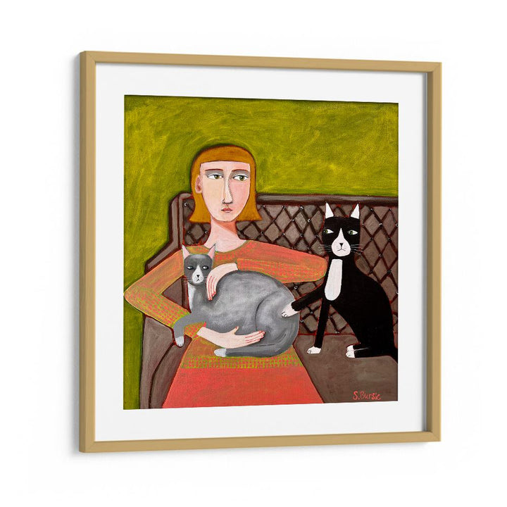 the jealous cat women illustration paintings in Oak Wood Frame With Mount