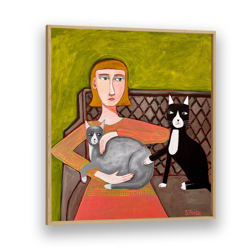 the jealous cat women illustration paintings in Oak Wood Plain Frame