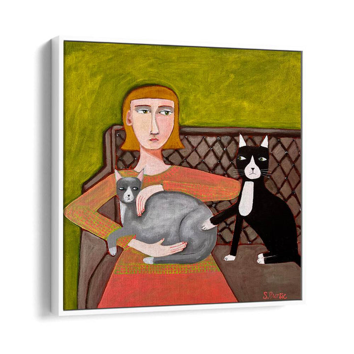 the jealous cat women illustration paintings in White Floater Frame