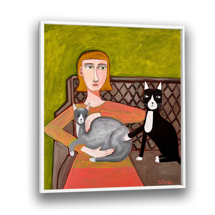 the jealous cat women illustration paintings in White Plain Frame