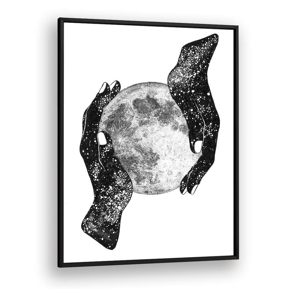 Surreal art print "THE MAGIC OF THE UNIVERSE" features hands cradling a cosmic moon, perfect for nature lovers.