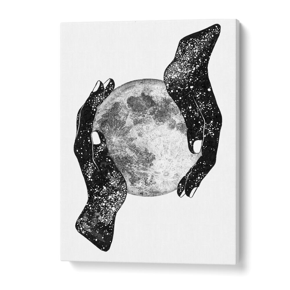 Stunning surreal art print, "THE MAGIC OF THE UNIVERSE," captures cosmic beauty with hands holding a moon.