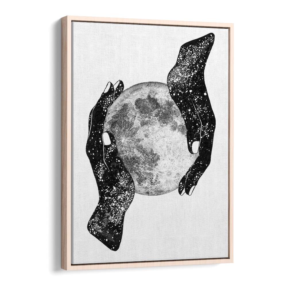 Surreal art prints featuring cosmic hands cradling the moon, celebrating THE MAGIC OF THE UNIVERSE. Perfect for your decor.
