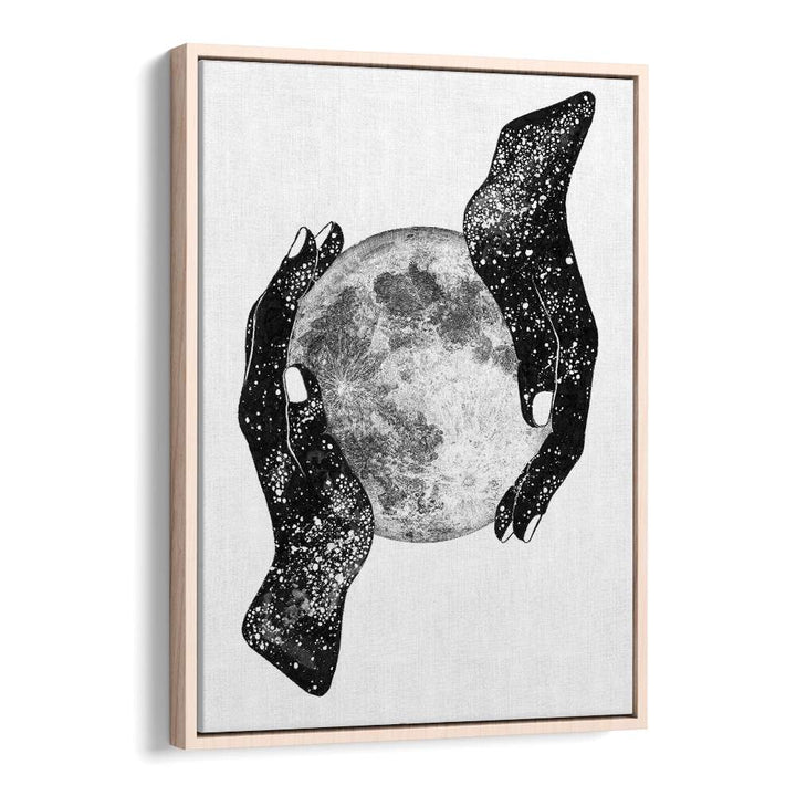 Surreal art prints featuring cosmic hands cradling the moon, celebrating THE MAGIC OF THE UNIVERSE. Perfect for your decor.