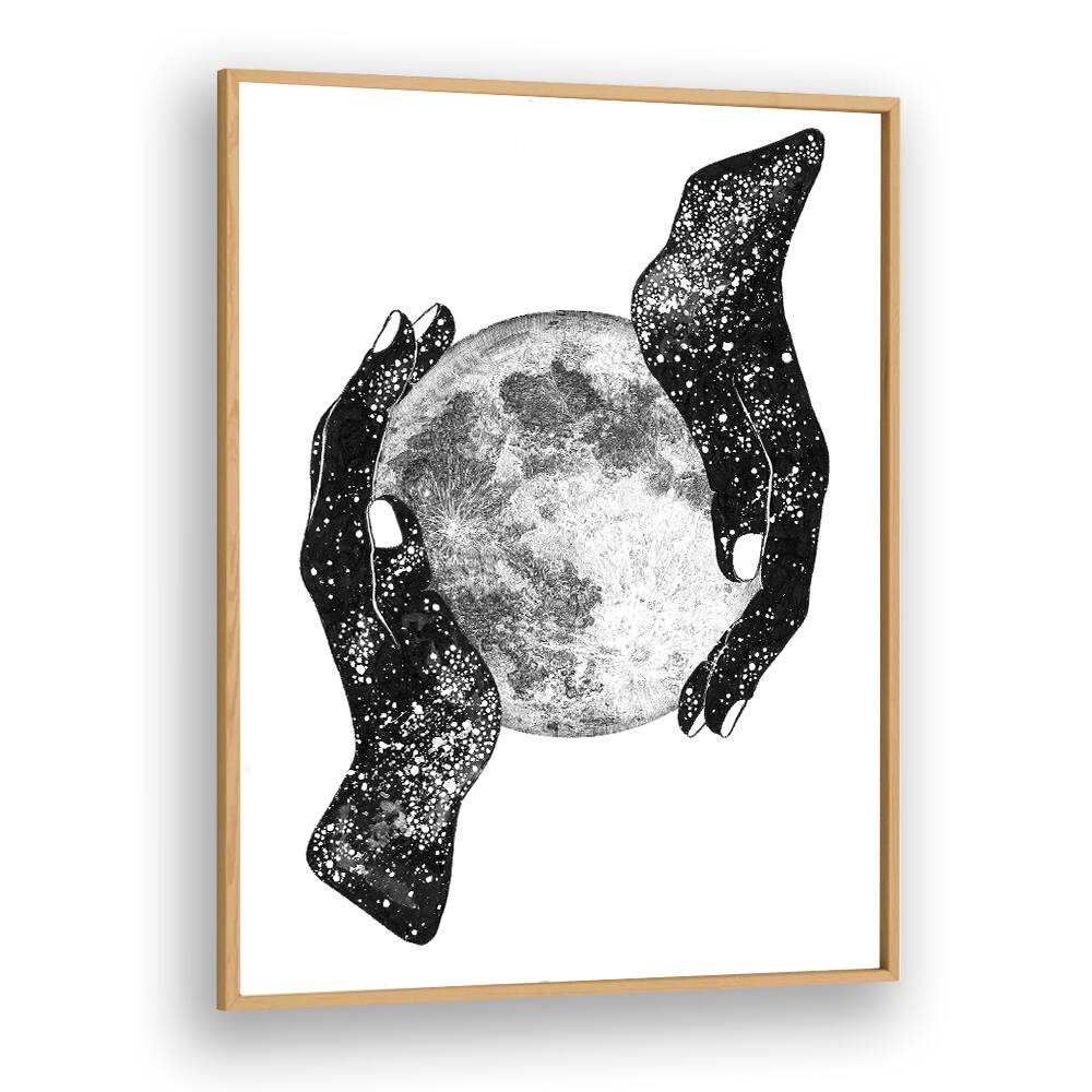 Explore "THE MAGIC OF THE UNIVERSE, SURREAL ART PRINTS" featuring cosmic hands cradling the moon in elegant detail.