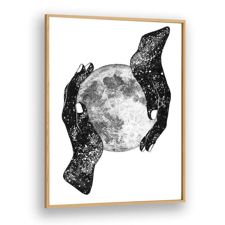 Explore "THE MAGIC OF THE UNIVERSE, SURREAL ART PRINTS" featuring cosmic hands cradling the moon in elegant detail.