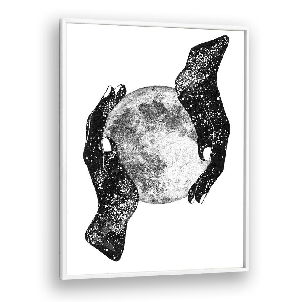 Art print showcasing cosmic hands holding the moon, embodying THE MAGIC OF THE UNIVERSE, SURREAL ART PRINTS.