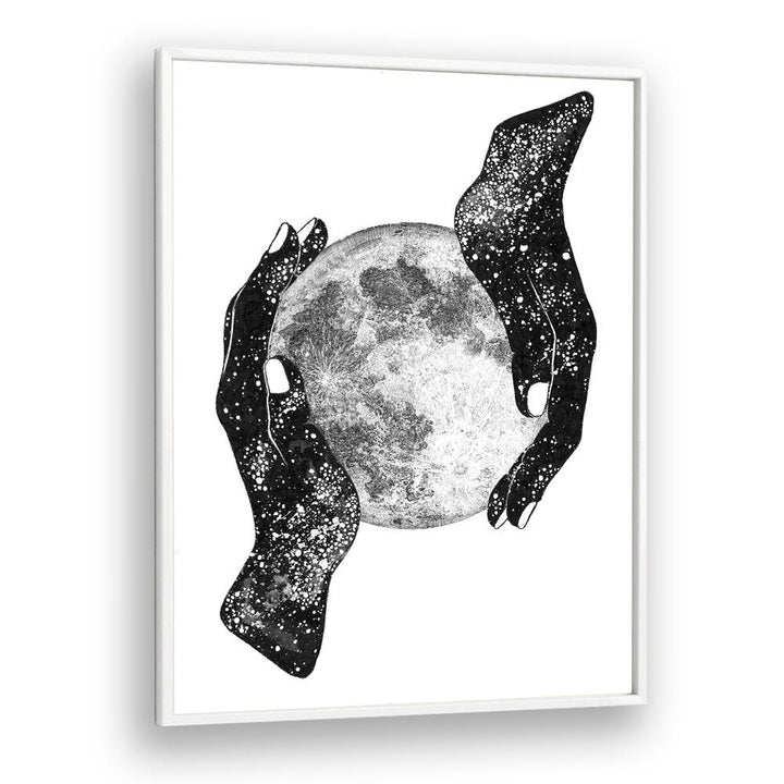 Art print showcasing cosmic hands holding the moon, embodying THE MAGIC OF THE UNIVERSE, SURREAL ART PRINTS.