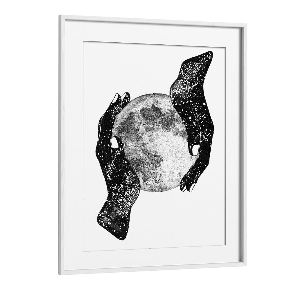 Surreal art print "THE MAGIC OF THE UNIVERSE" features hands cradling a moon, celebrating cosmic beauty.