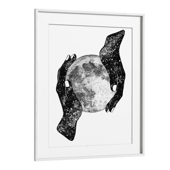 Surreal art print "THE MAGIC OF THE UNIVERSE" features hands cradling a moon, celebrating cosmic beauty.