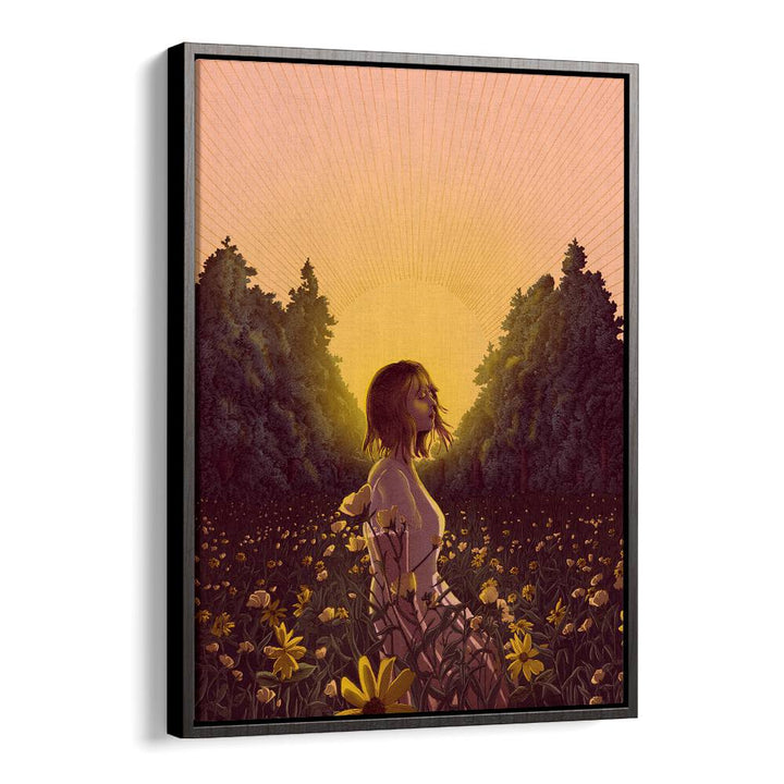 the meadow at dawn colour large Vintage paintings in Black Floater Frame