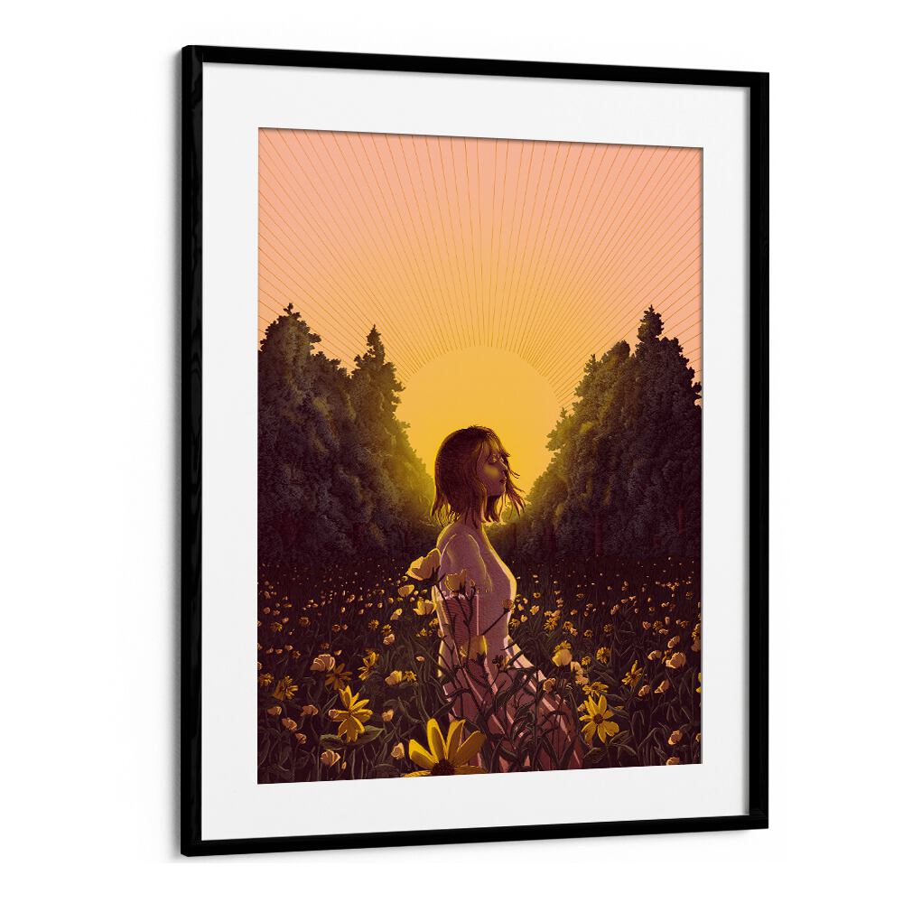 the meadow at dawn colour large Vintage paintings in Black Frame With Mount