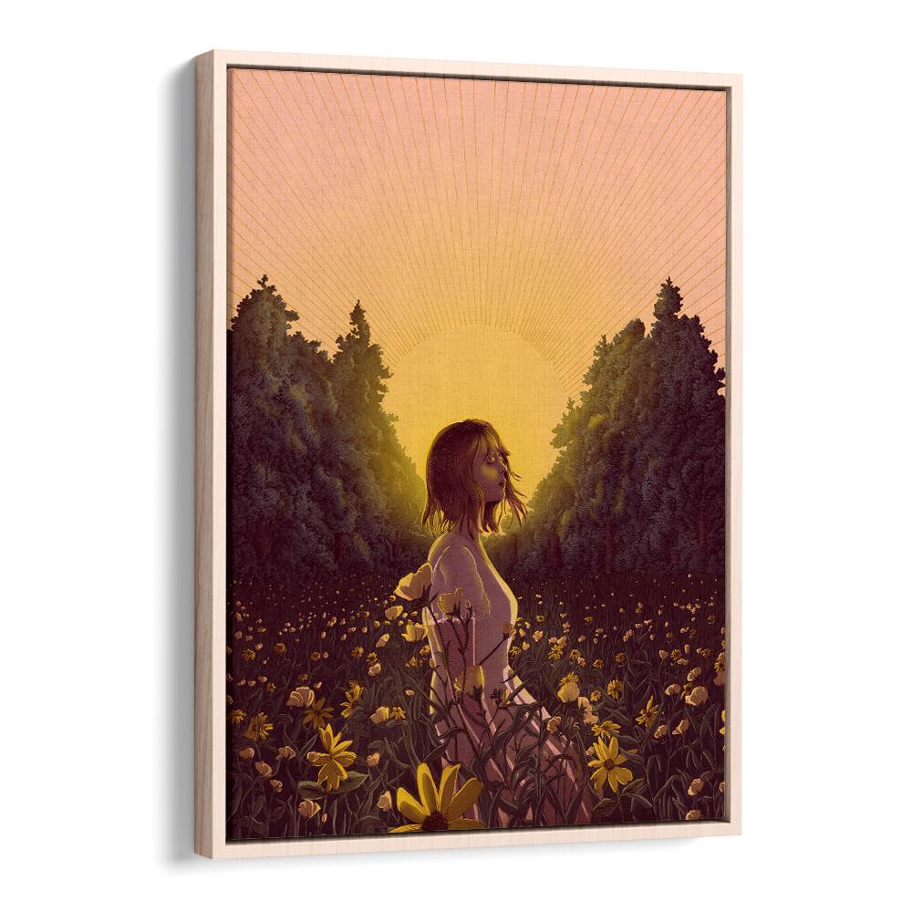 the meadow at dawn colour large Vintage paintings in Oak Wood Floater Frame