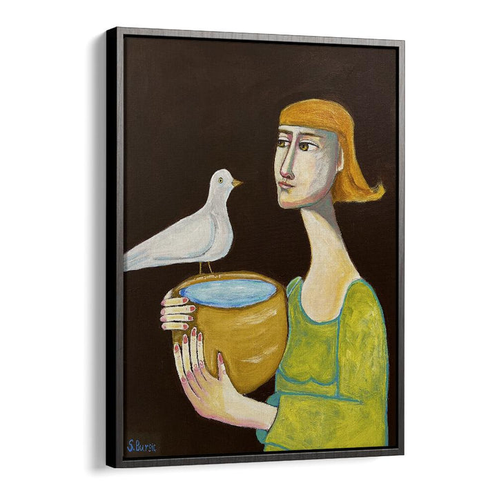 the water giver women illustration paintings in Black Floater Frame