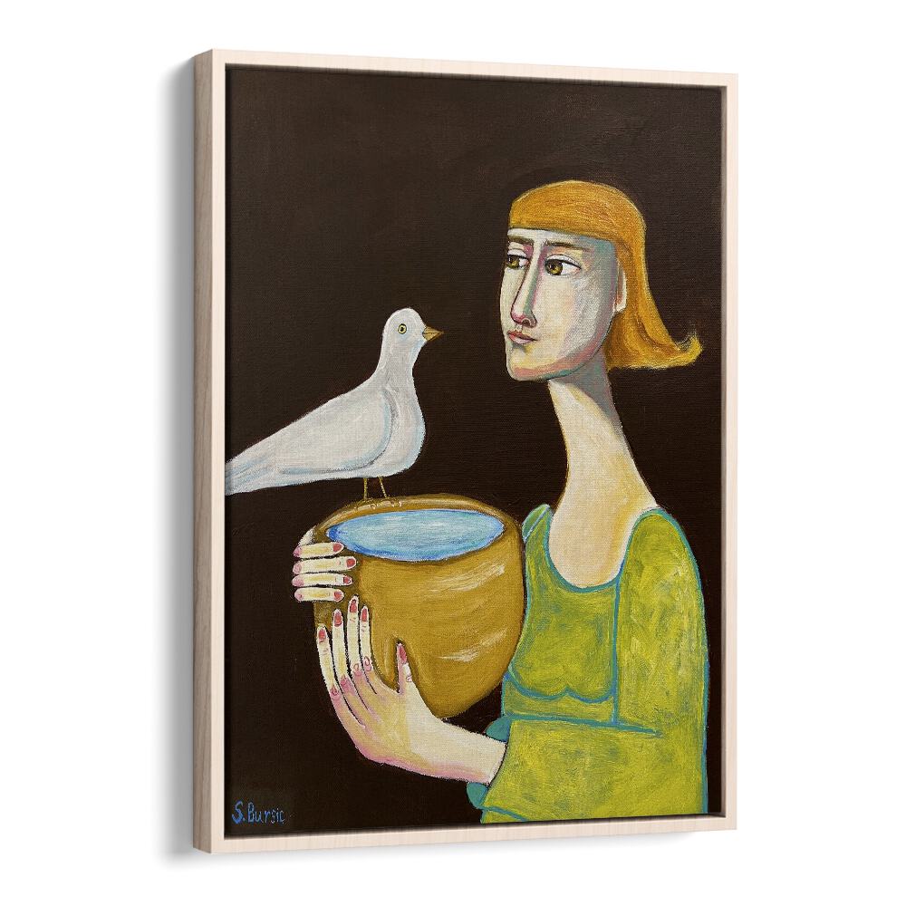 the water giver women illustration paintings in Oak Wood Floater Frame