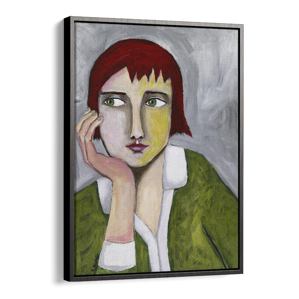 thinking lady women illustration paintings in Black Floater Frame