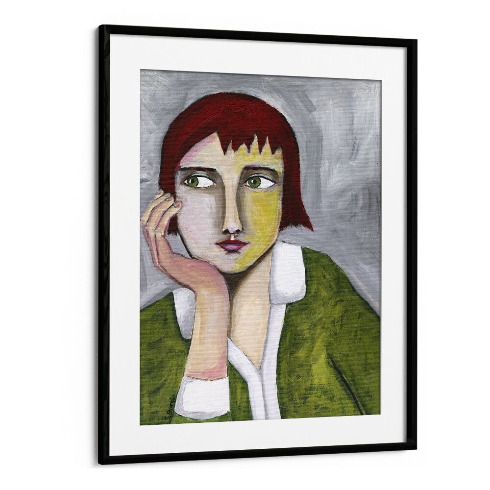 thinking lady women illustration paintings in Black Frame With Mount