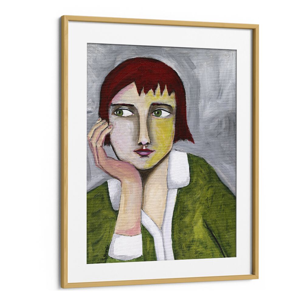 thinking lady women illustration paintings in Oak Wood Frame With Mount