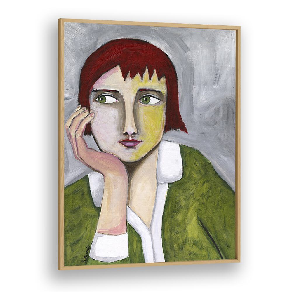 thinking lady women illustration paintings in Oak Wood Plain Frame