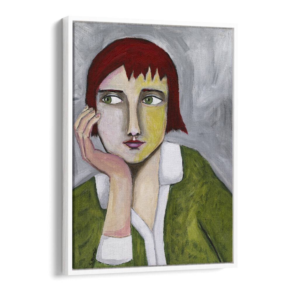 thinking lady women illustration paintings in White Floater Frame